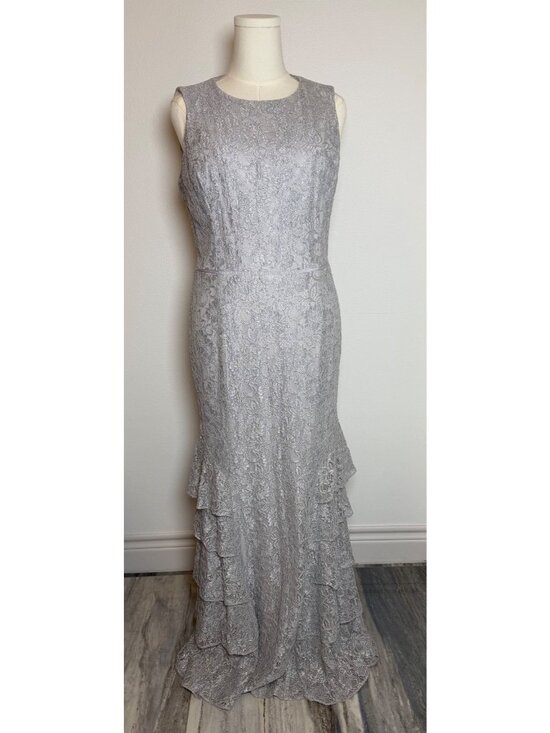 Lauren Ralph Lauren Dresses & Skirts - Lauren Ralph Lauren Silver Lace Sleeveless Gown with Ruffle Hem, Formal, SZ 14